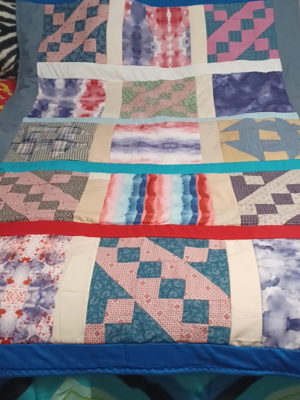 Handmade Multicolor Patchwork Lap Robe Quilt with Blue and Red Accents
